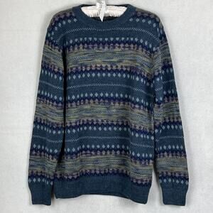 Novica Sweater Large Men's 100% Alpaca Peruvian Crew Neck Blue Multicolor